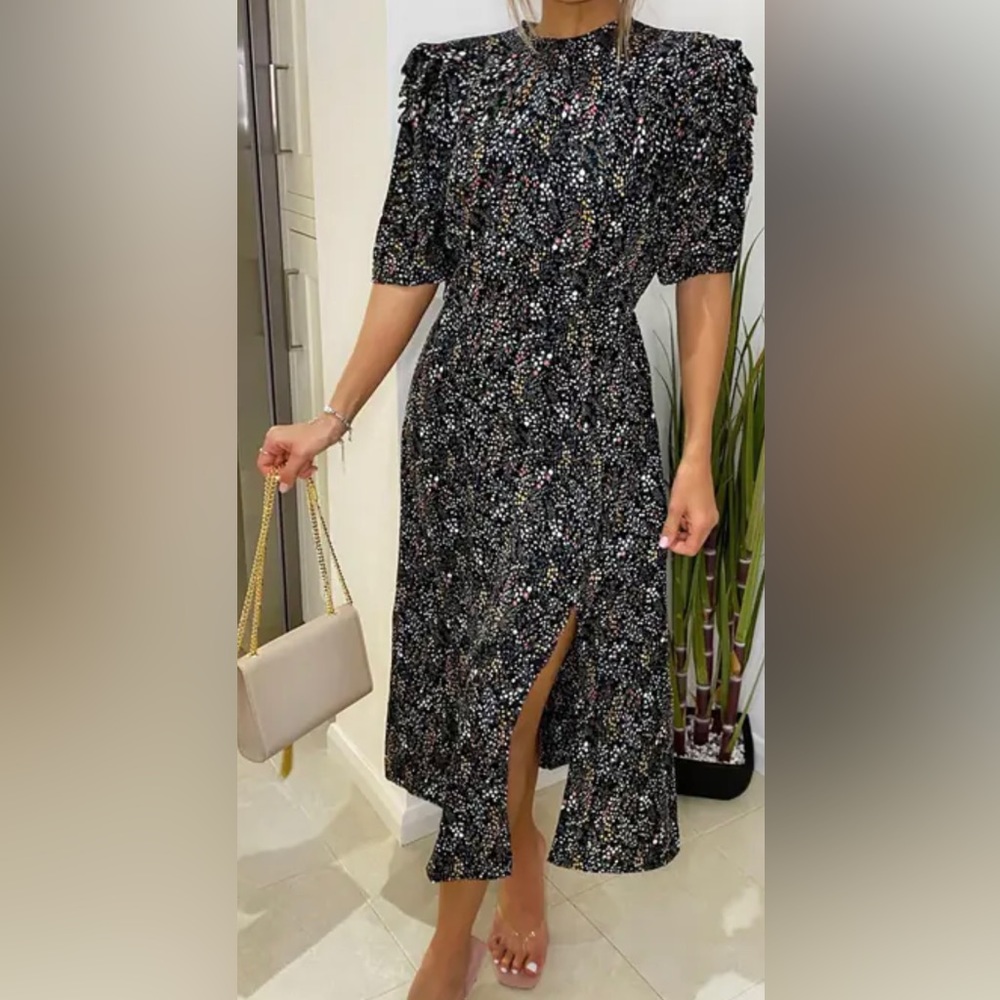 Black Floral Pleated Puff Sleeve Midi Dress with a slit on the side